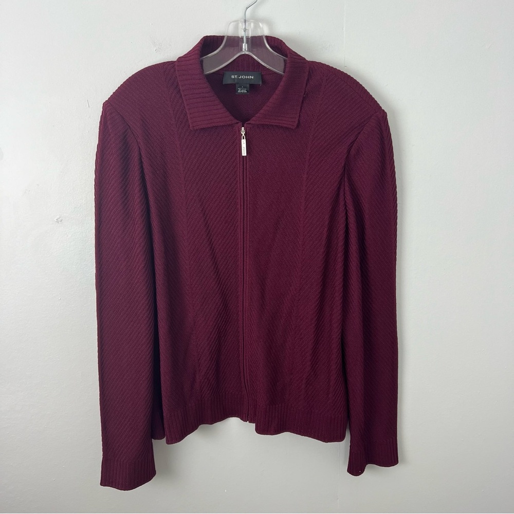 St. John Burgundy Santana Knit Cardigan Zipper